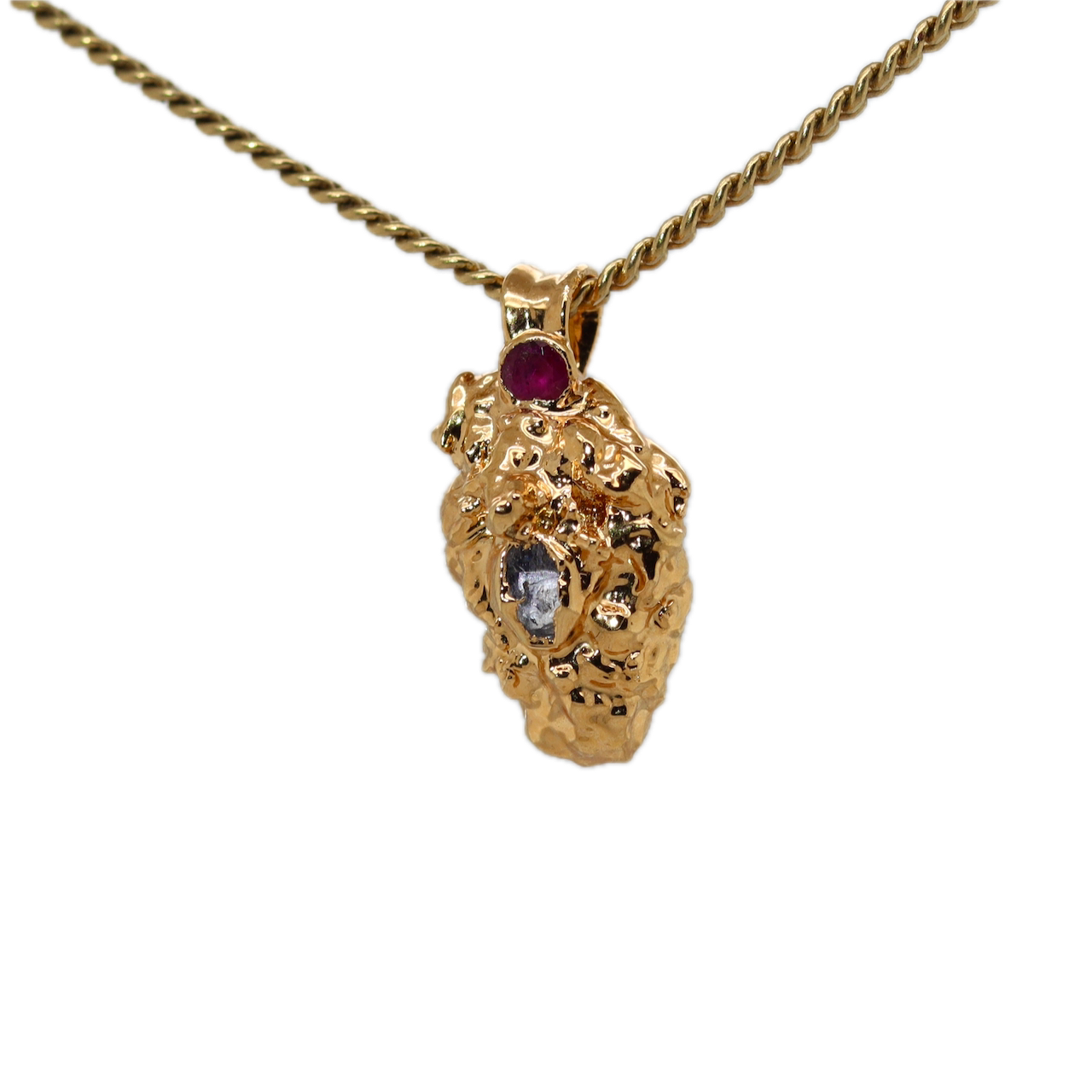 Real Gold Bud Pendant | Tangie Strain Cannabis Jewelry with Ruby & Herkimer Diamond