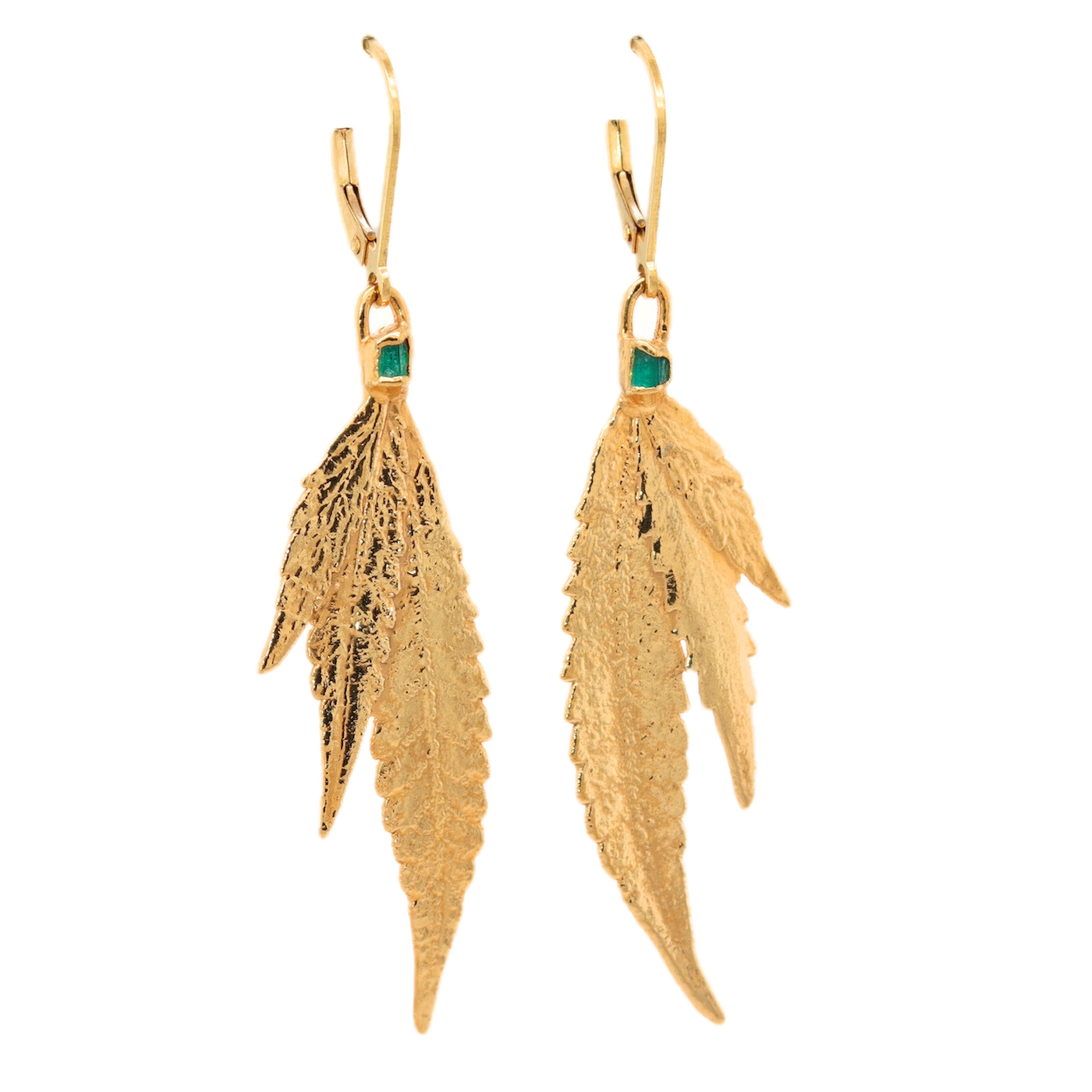 24k Cannabis Leaf Earrings with Emerald